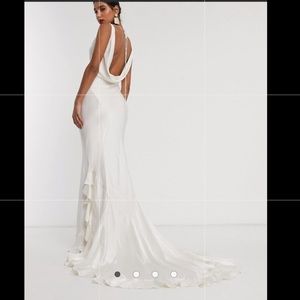 Satin wedding dress with flutter train